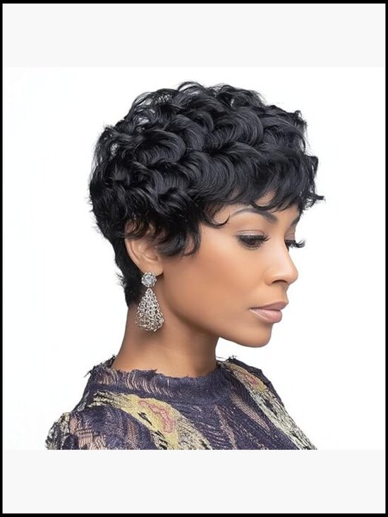 Short Curly Pixie Wig for Women Natural Fluffy Layered Cut Adjustable Cap